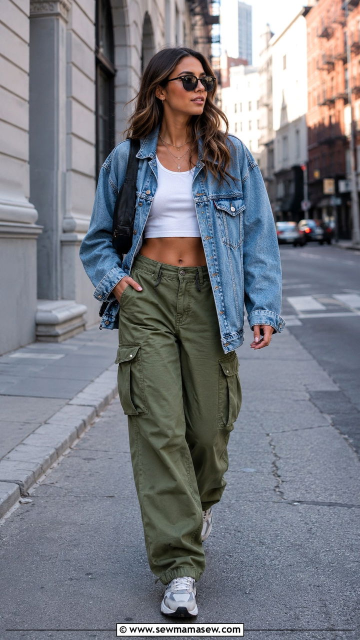 Olive Cargo Pants with White Cropped Tank and Denim Jacket - 20 Relaxed spring outfit ideas 2026