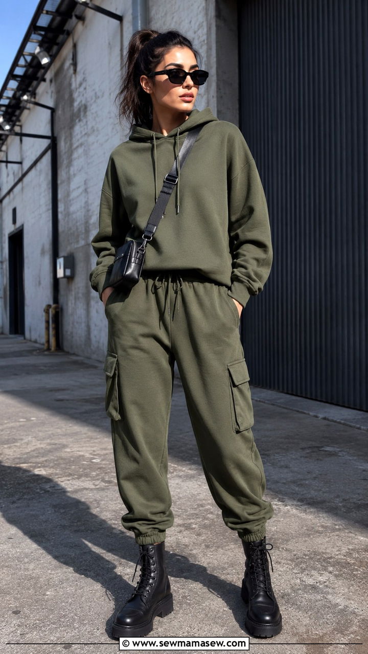 Olive Cargo Tracksuit With Combat Boots - 30 Track suit matching set outfit ideas