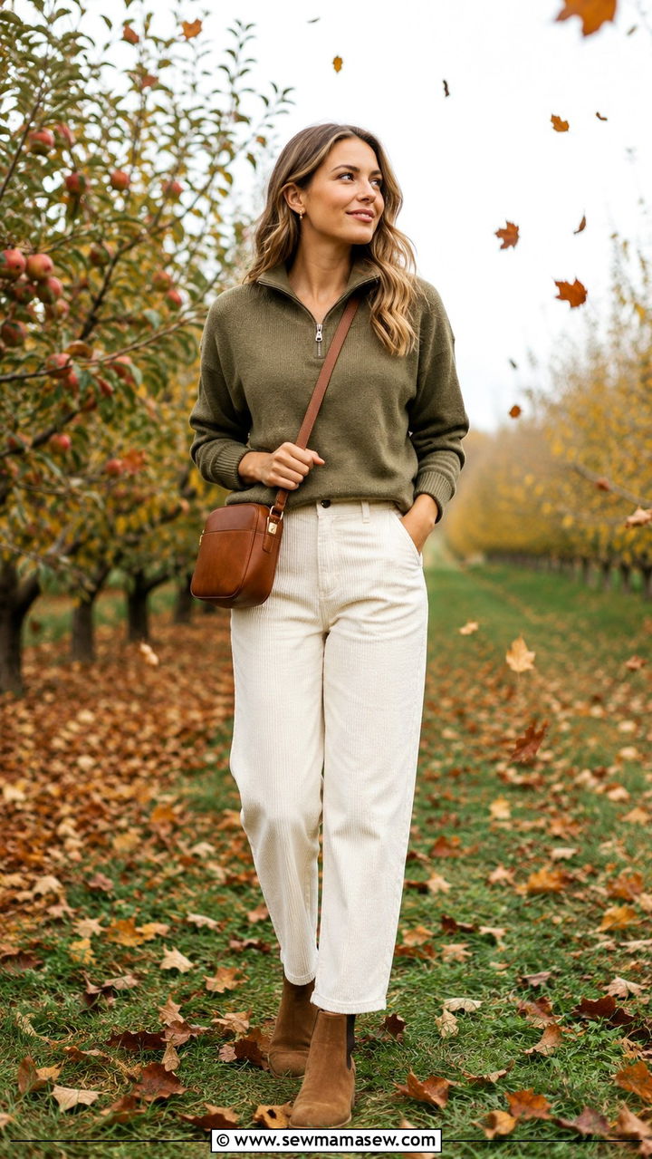 Olive Cashmere Half Zip with Ivory Corduroy Pants - 25 Old money outfit ideas with cashmere sweater