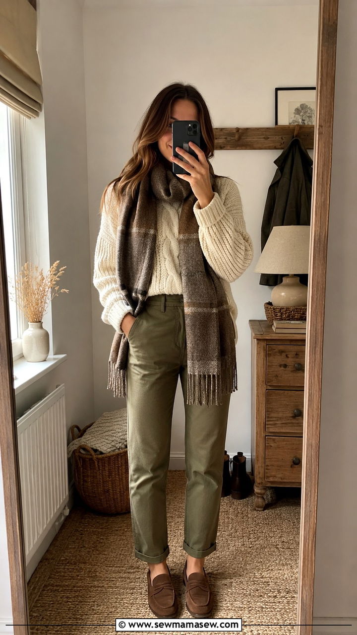 Olive Chinos With Cream Cable Knit Sweater - 25 Old money outfit ideas with chinos