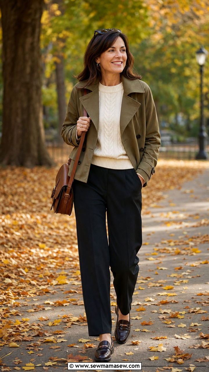 Olive Cropped Trench Coat With Cream Cable Knit And Tailored Trousers - 25 cropped trench coat outfits for women over 40