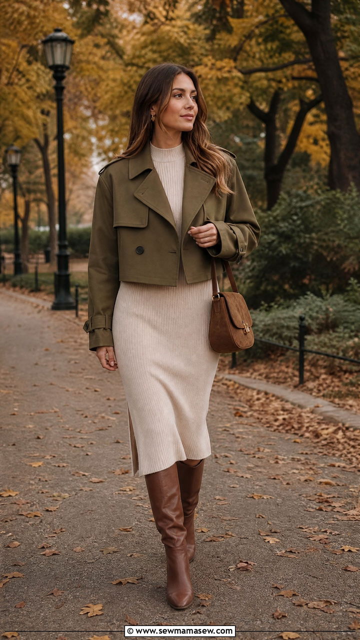 Olive Cropped Trench With Ribbed Knit Dress And Knee Boots - 30 cropped trench coat outfit ideas for women