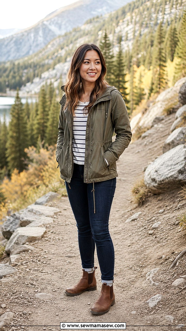 Olive Field Jacket over Striped Tee with Dark Jeans and Chelsea Boots - 30 preppy capsule wardrobe outfits