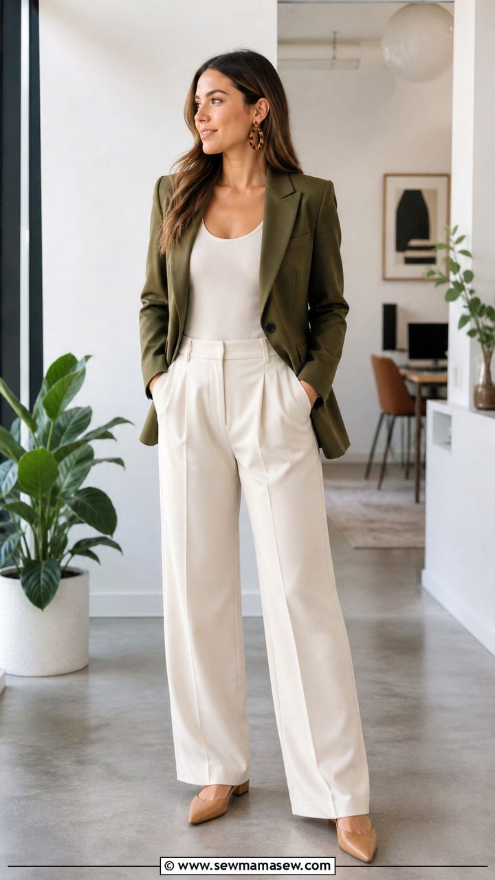 Olive Green Blazer With Cream Bodysuit And Tan Flats - 40 work outfits