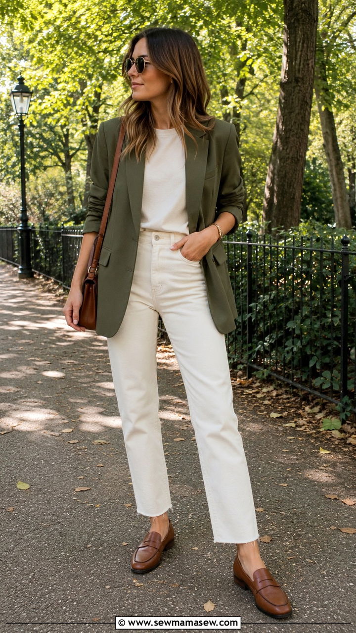 Olive Green Blazer With Ecru Jeans And Tan Loafers - 30 Quiet luxury outfit ideas with jeans