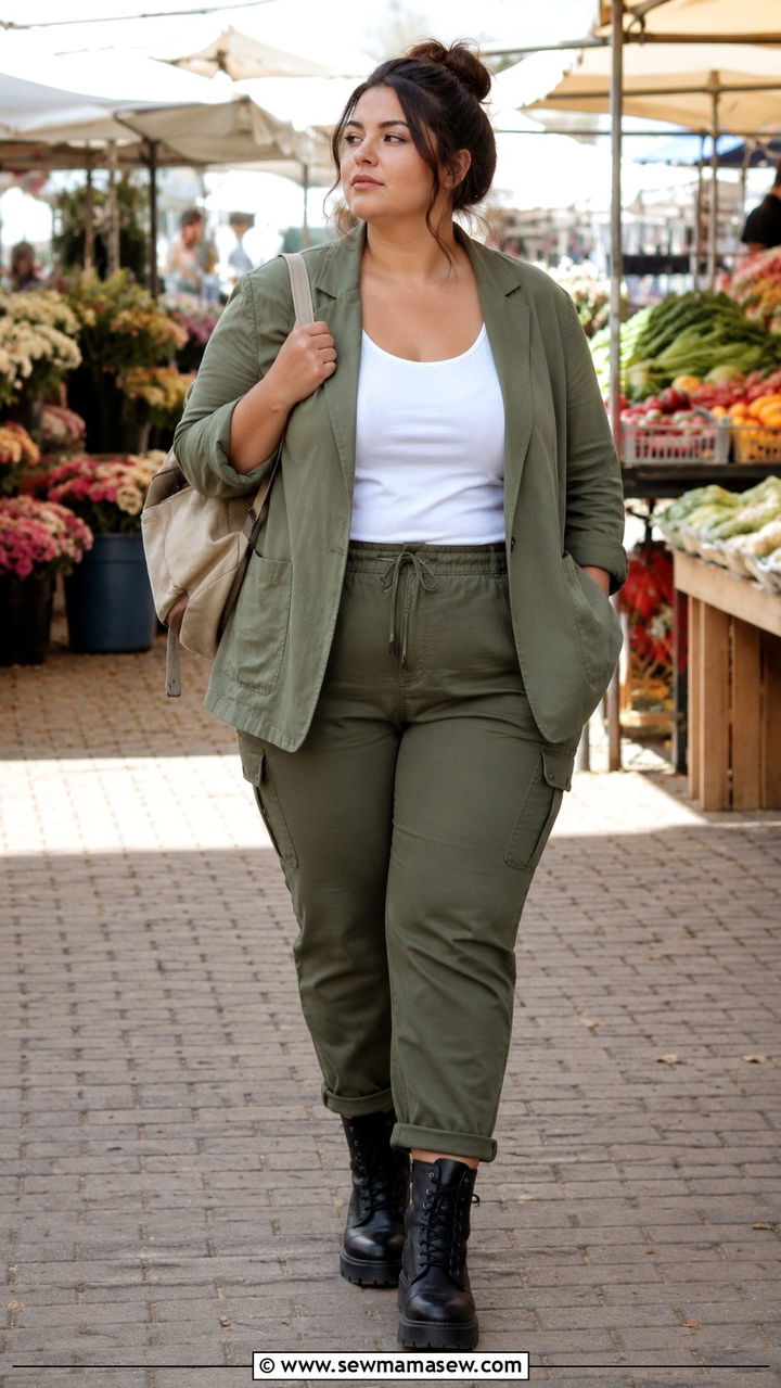 Olive Green Blazer With Utility Pants And Combat Boots - 30 Plus size outfit ideas with blazer