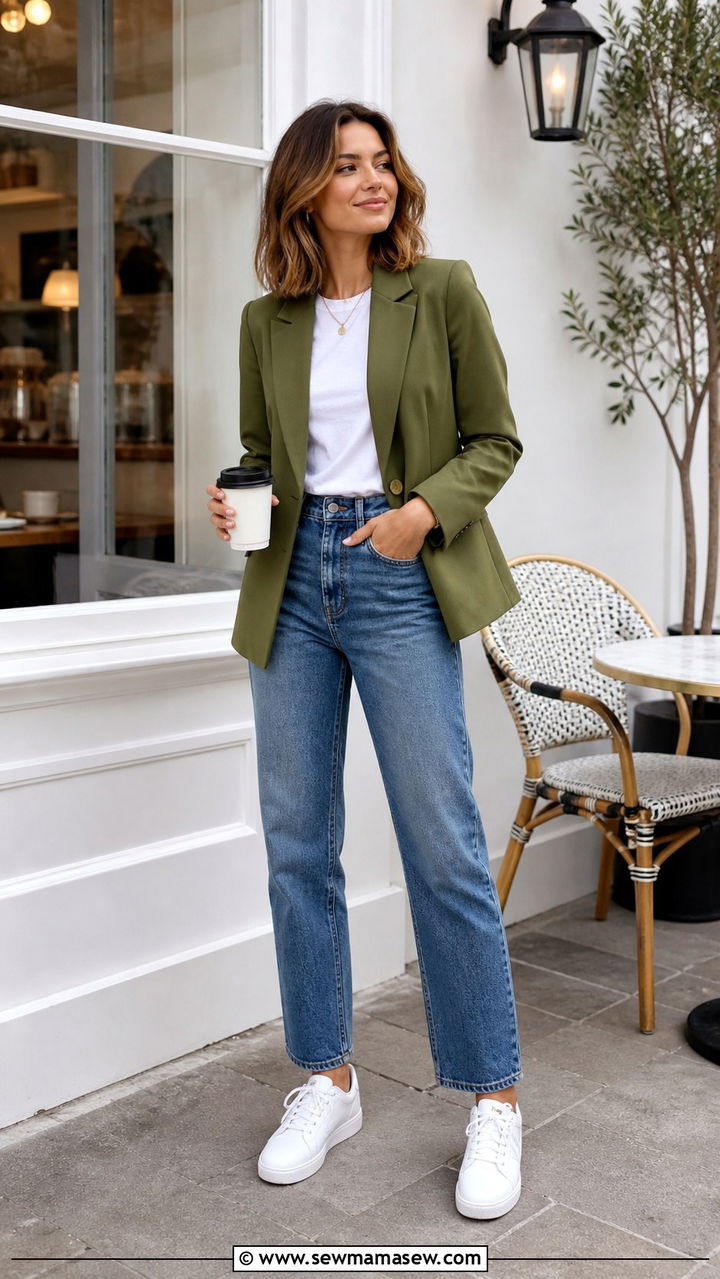 Olive Green Blazer With White Tee And Blue Jeans - 40 blazer outfit ideas for women