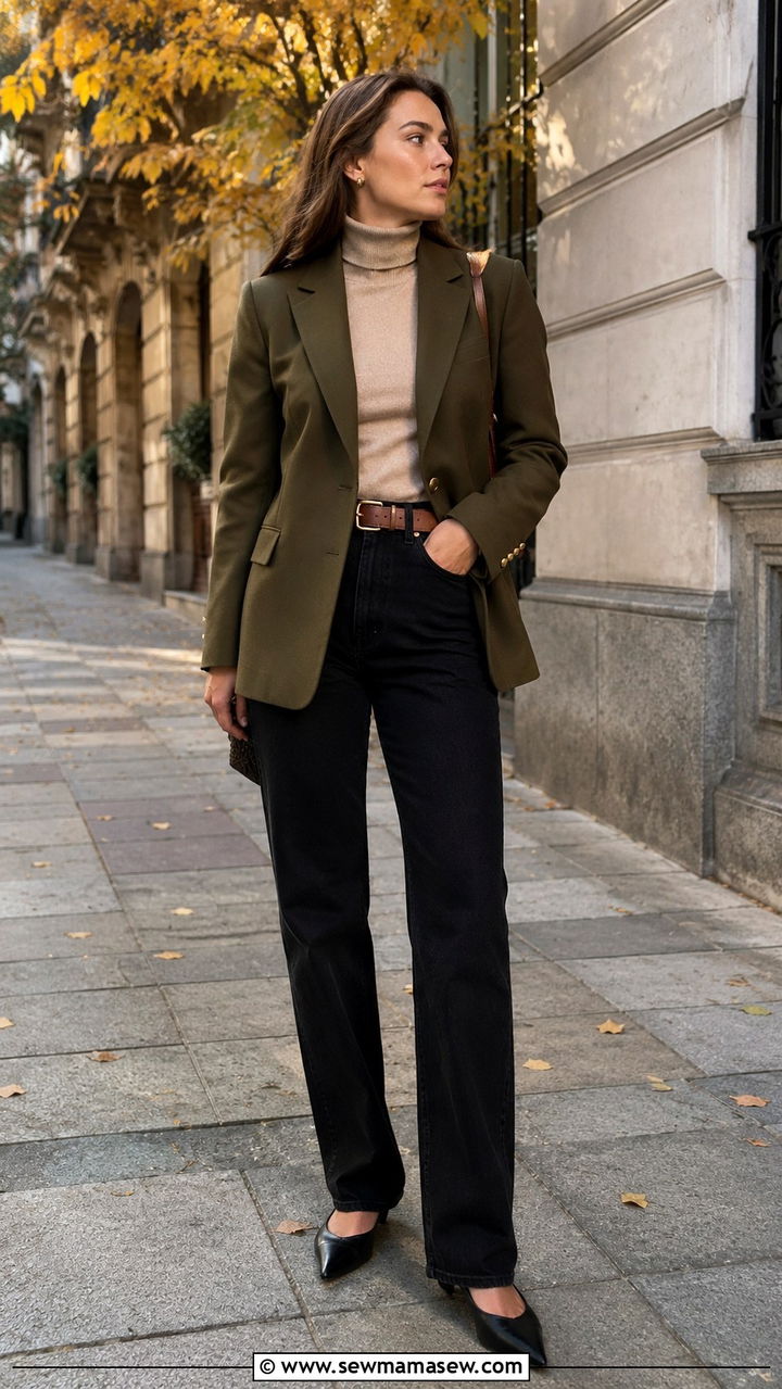 Olive Green Blazer and Black Jeans - 25 Old money outfit ideas with jeans