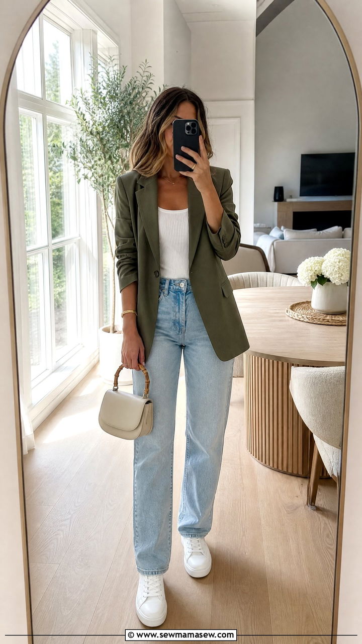 Olive Green Blazer and Jeans Outfit - 30 Summer outfits in olive green