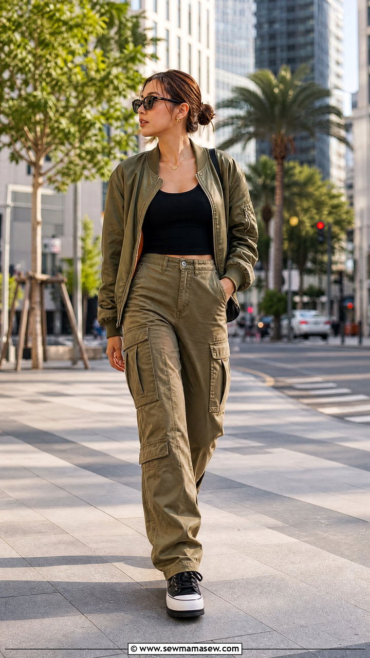 Olive Green Bomber Jacket With Cargo Pants And Platform Sneakers - 25 how to style bomber jacket