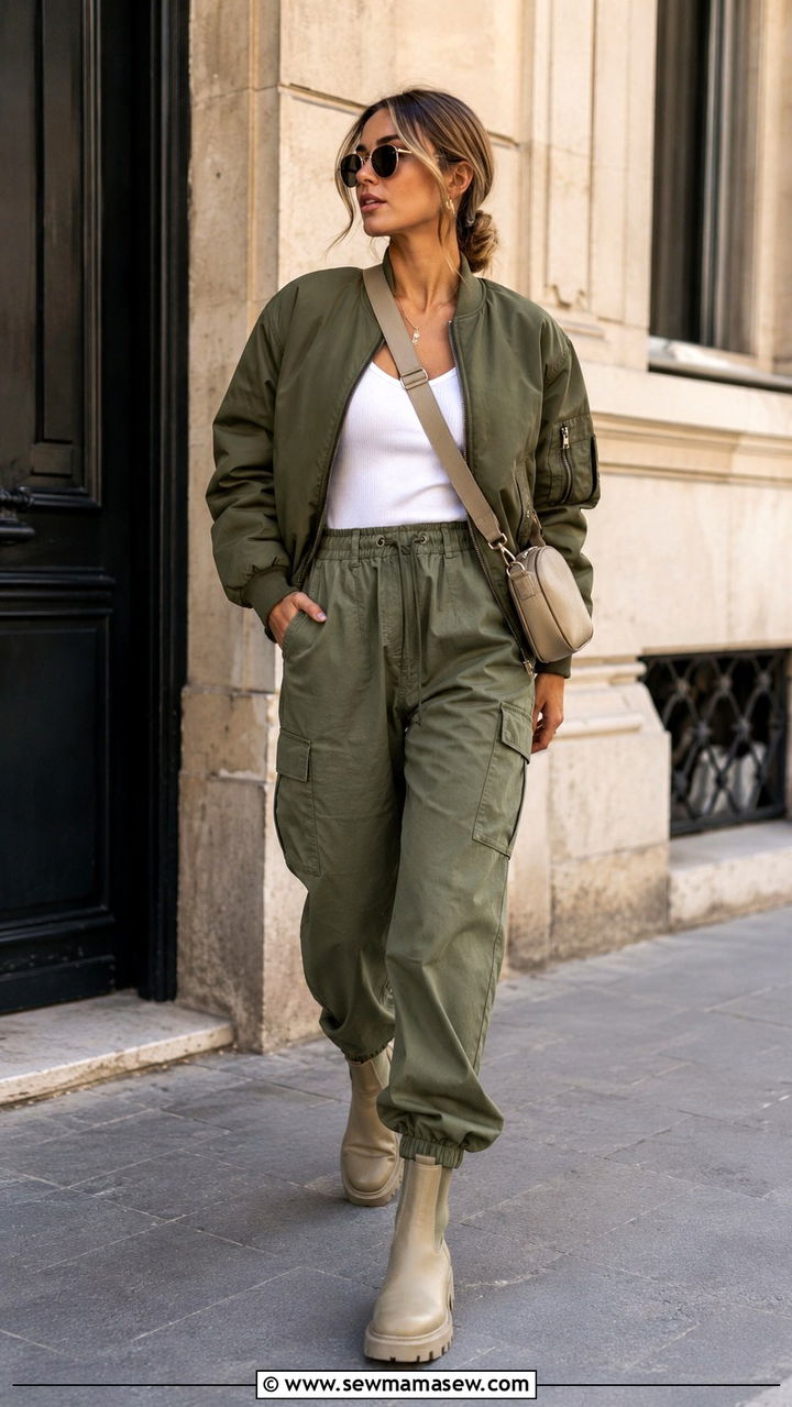 Olive Green Bomber Jacket With Cargo Trousers - 30 spring bomber jacket outfit ideas