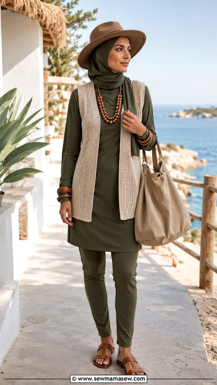 Olive Green Burkini With Wooden Jewelry - 20 Burkini outfit ideas
