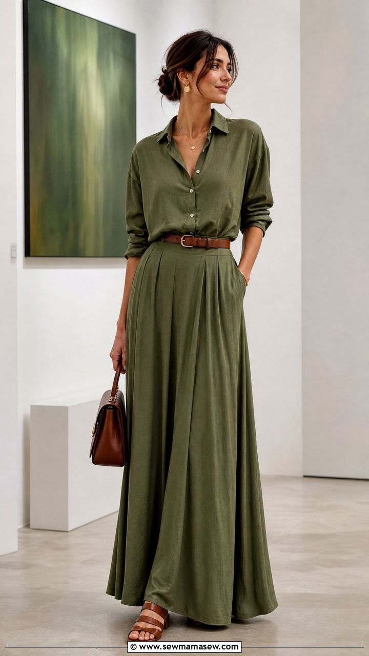 Olive Green Button Down Shirt with Matching Maxi Skirt - 30 summer modest outfit ideas