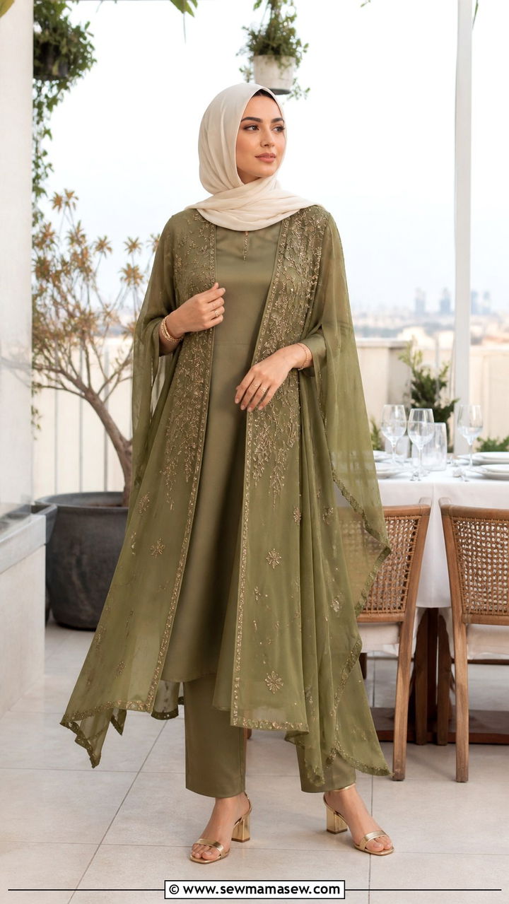 Olive Green Cape And Straight Pants Set - 40 Eid outfit ideas for women