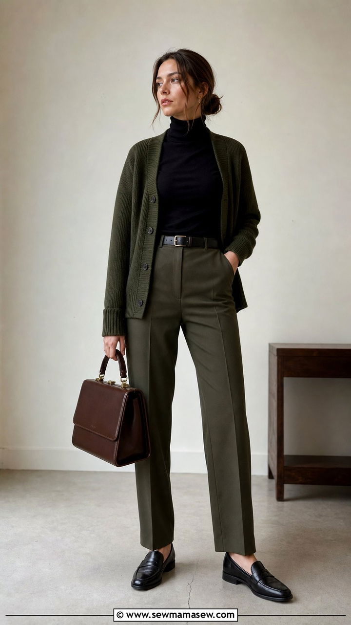 Olive Green Cardigan With Black Turtleneck And Olive Trousers - 25 dark academia capsule wardrobe outfits