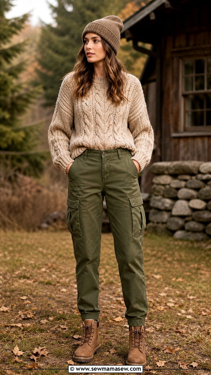 Olive Green Cargo Pants With Beige Sweater and Work Boots - 40 cargo pants outfits
