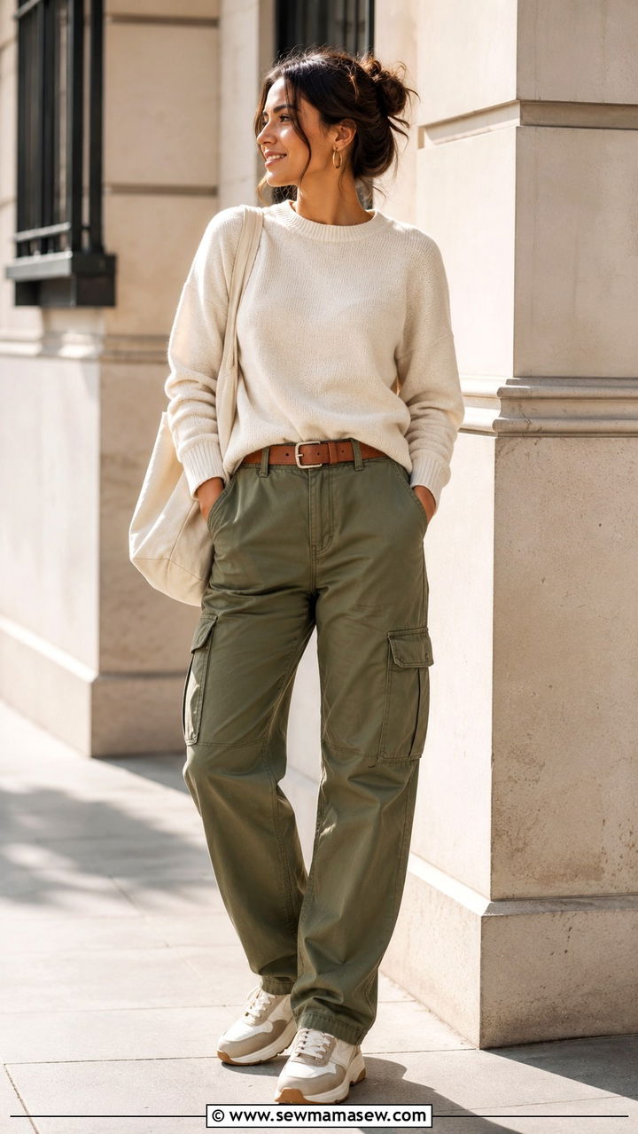Olive Green Cargo Pants With Cream Sweater Outfit - 30 Warm tone outfit ideas