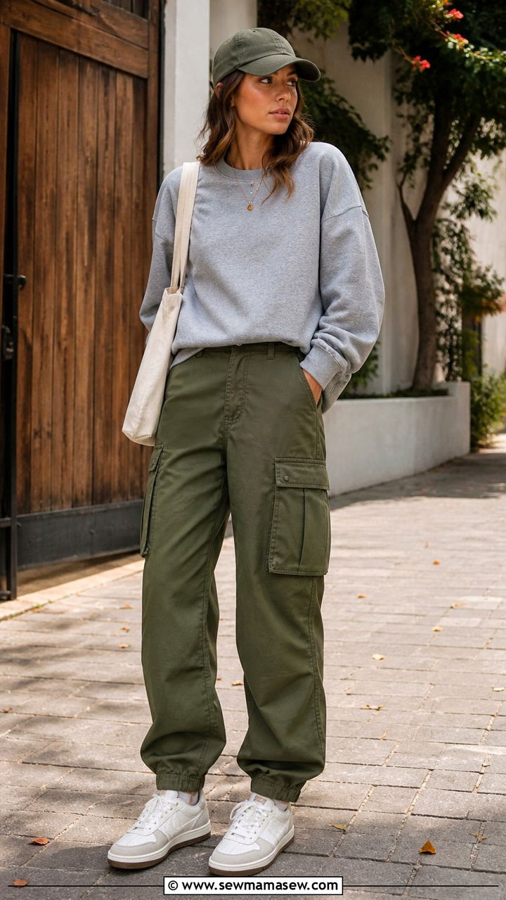 Olive Green Cargo Pants With Gray Sweatshirt and Sneakers - 40 cargo pants outfits