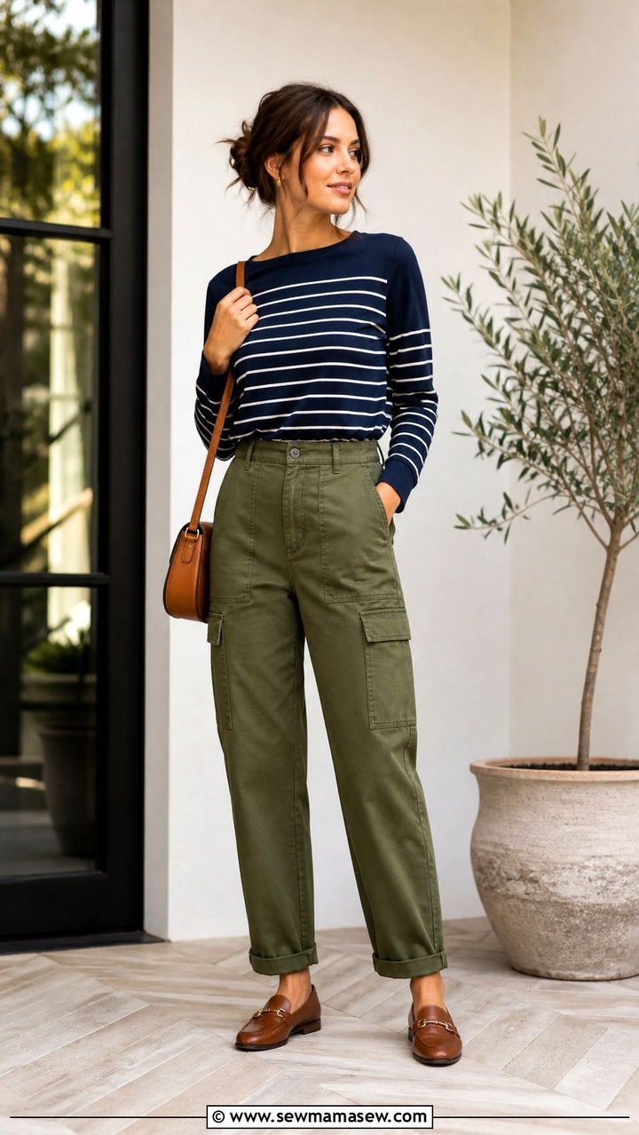 Olive Green Cargo Pants With Striped Long Sleeve and Loafers - 40 cargo pants outfits