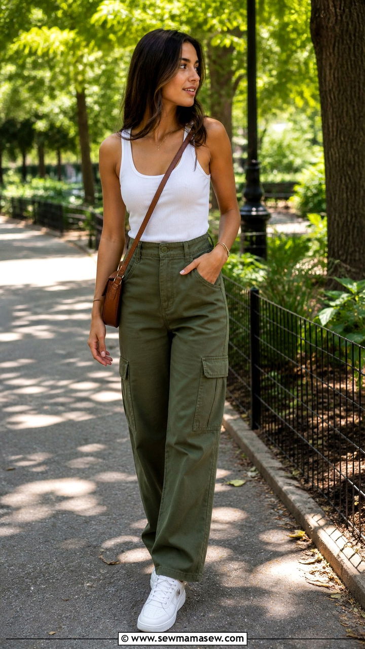 Olive Green Cargo Pants With White Tank and Sneakers - 40 cargo pants outfits