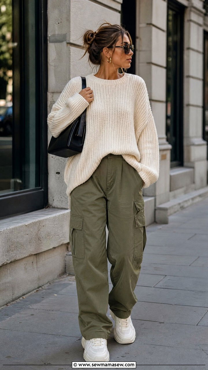 Olive Green Cargo Pants with a Cream Chunky Sweater - 25 Green and cream outfit ideas