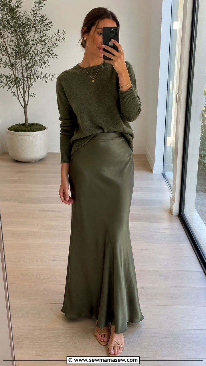 Olive Green Cashmere Sweater and Satin Skirt - 20 Quiet luxury outfit ideas Meghan Markle