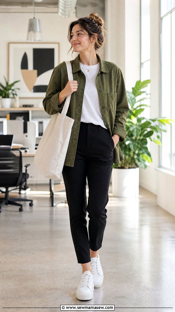Olive Green Chore Coat Over White Tee And Black Trousers - 30 Marketer outfit ideas