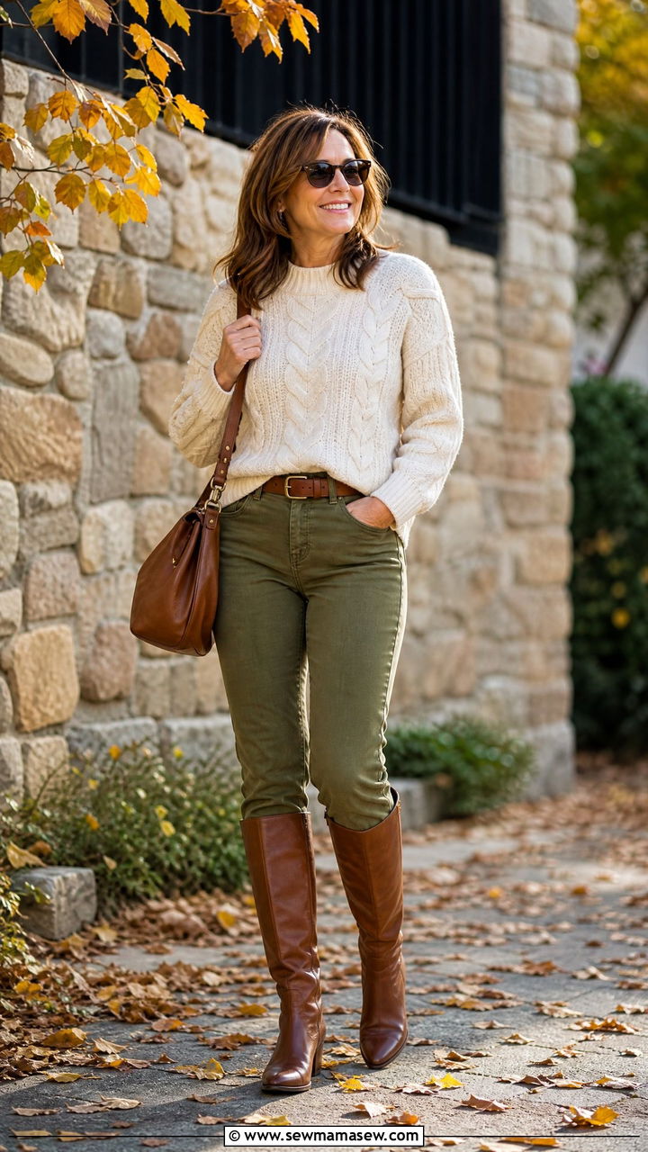 Olive Green Colored Jeans With Neutral Knit Sweater - 35 jeans outfits for women over 40