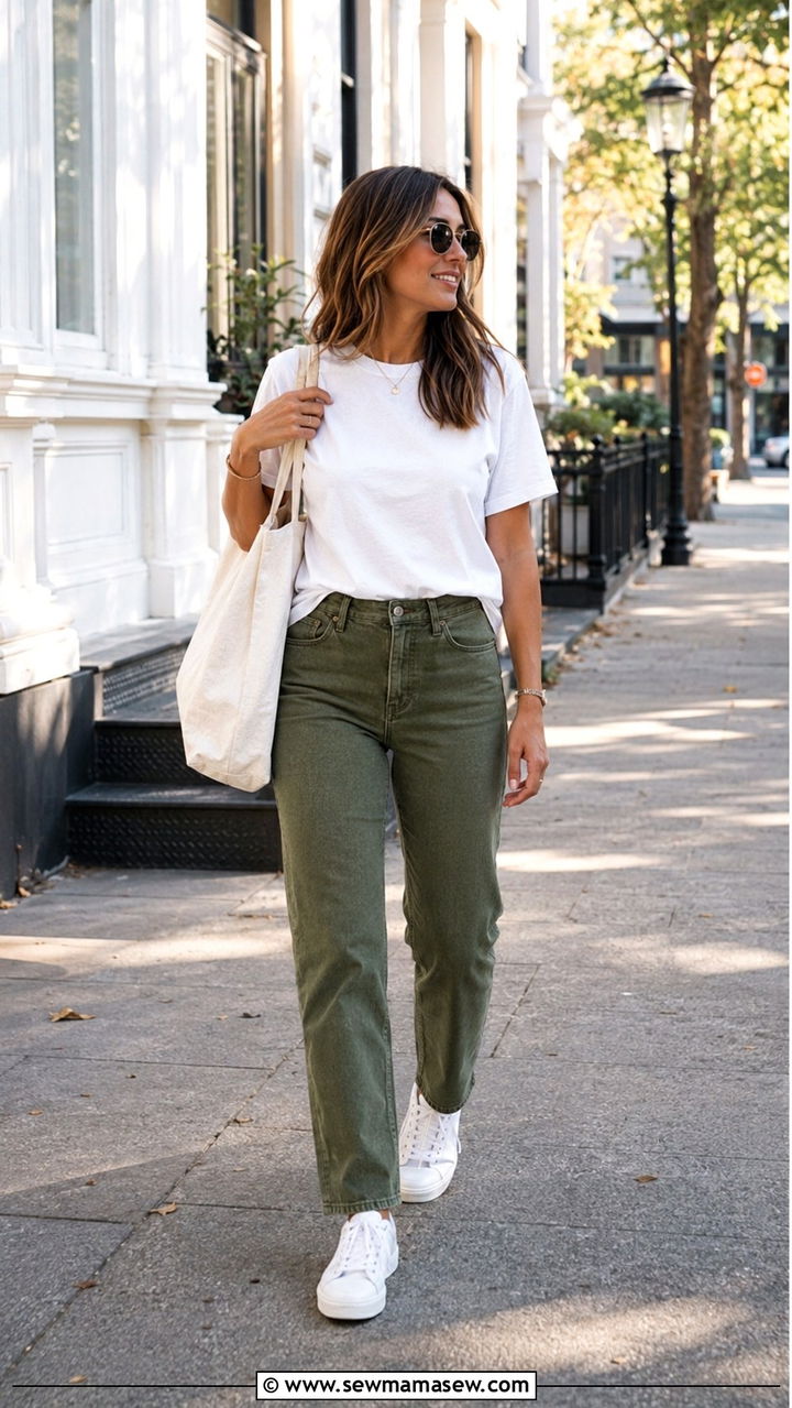 Olive Green Jeans Outfit With White Tee - 30 Green jeans outfit ideas