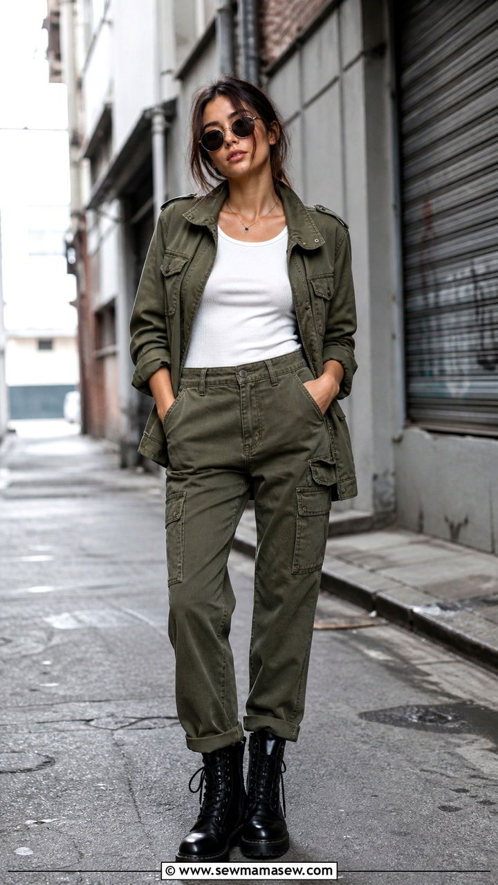 Olive Green Jeans With Utility Jacket And Combat Boots - 40 Colored jeans outfit ideas