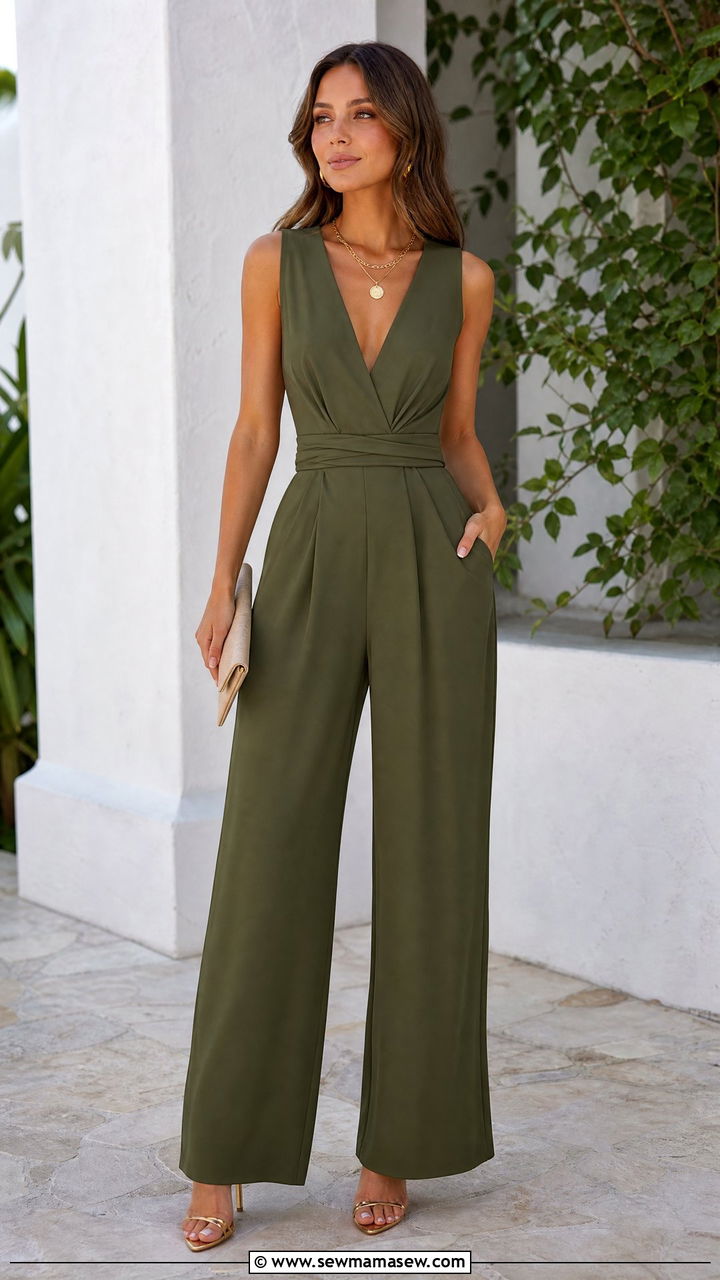 Olive Green Jumpsuit with Heeled Sandals - 30 elegant outfit ideas for women