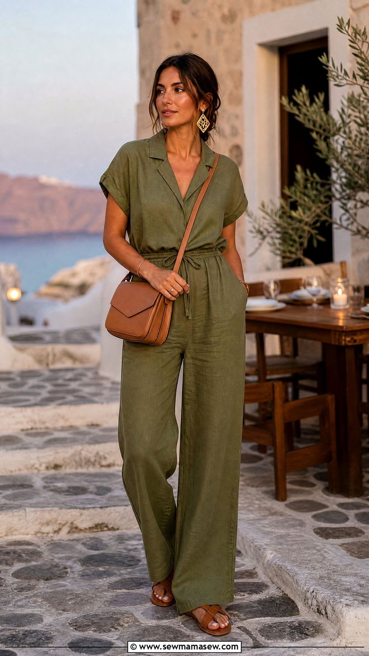 Olive Green Jumpsuit with Tan Leather Accessories - 40 What to wear in Santorini