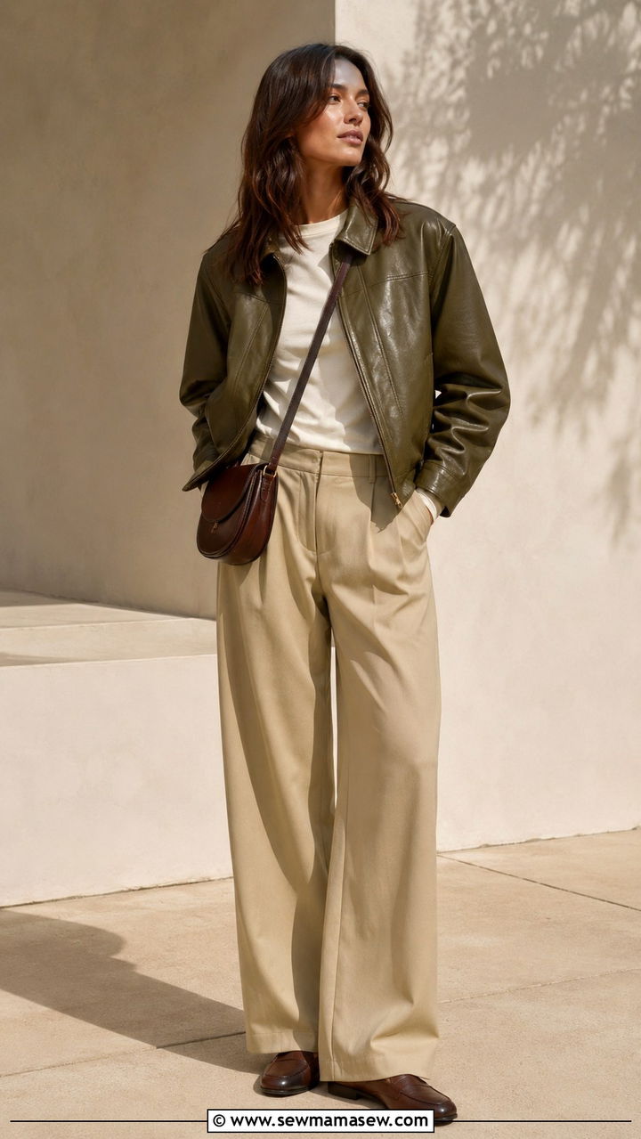 Olive Green Leather Jacket With Neutral Separates Spring - 30 How to style a leather jacket in spring