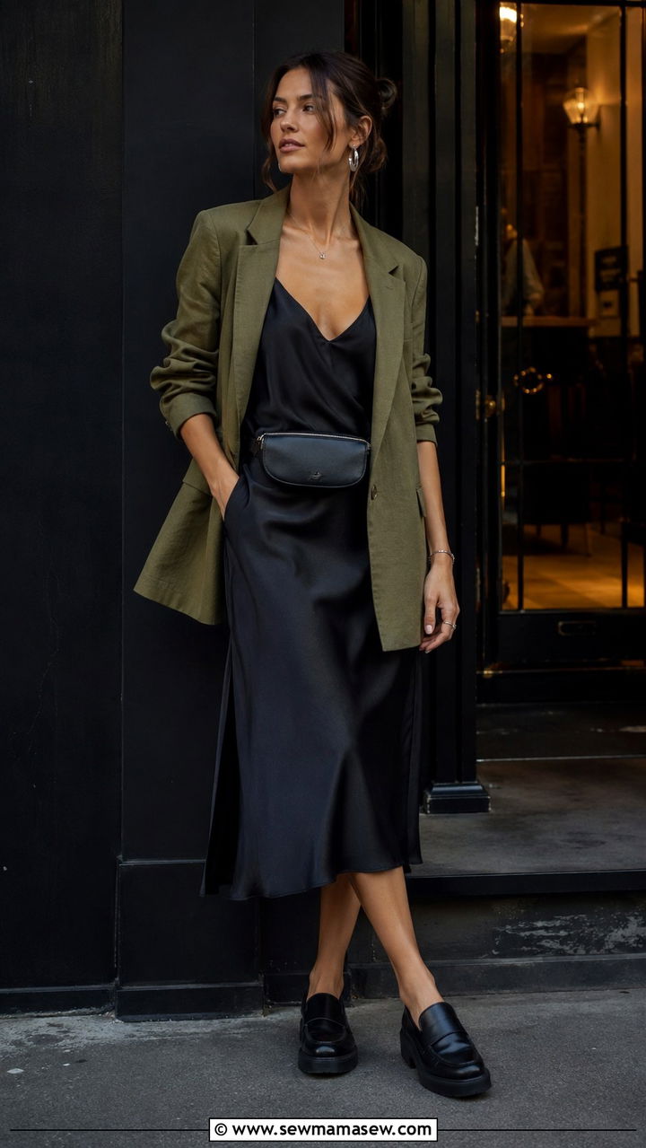 Olive Green Linen Blazer With Black Slip Dress and Black Loafers - 30 Linen blazer outfit ideas with loafers