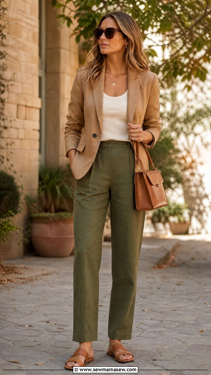 Olive Green Linen Pants With Camel Blazer - 30 Linen pants outfit ideas with a blazer