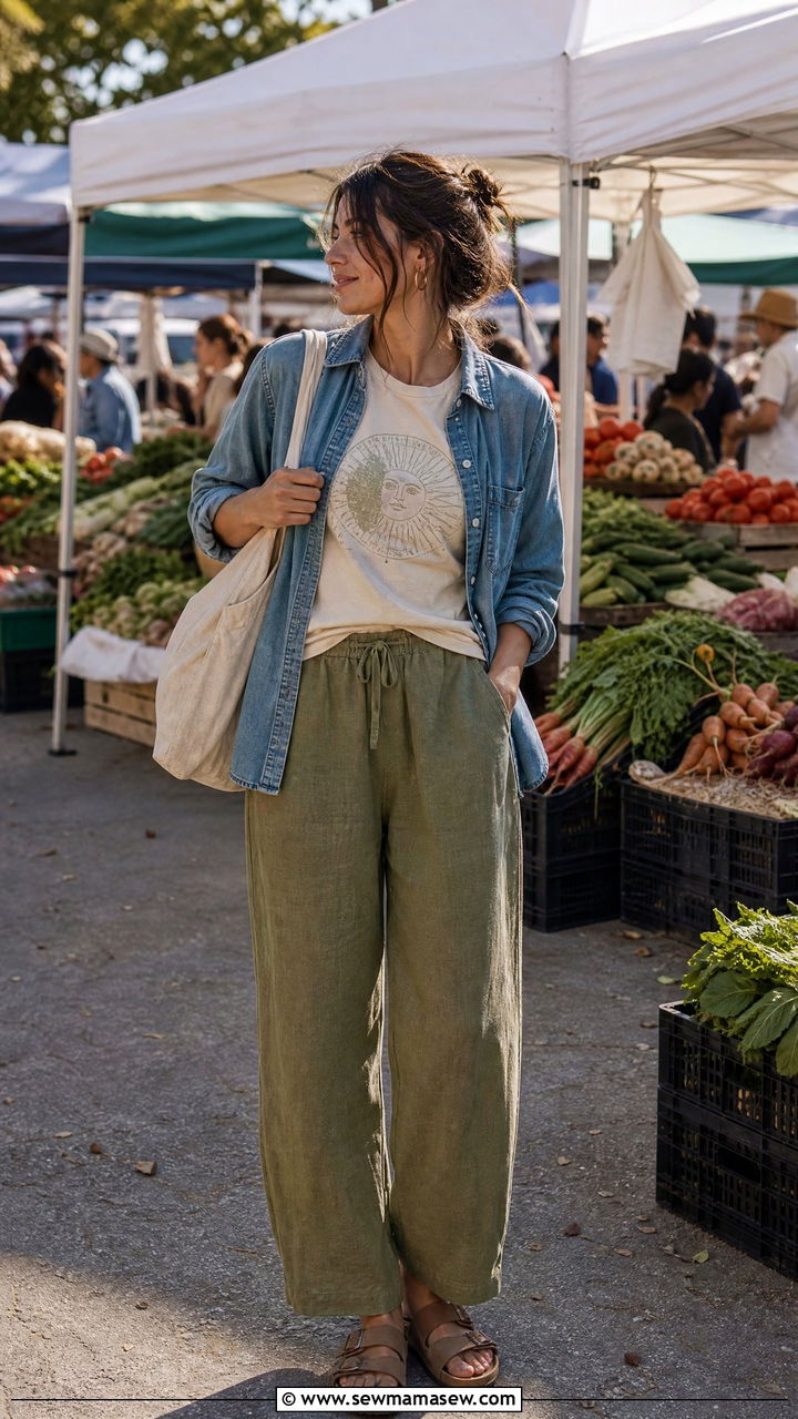 Olive Green Linen Pants With Graphic Tee and Denim Shirt - 25 Spring outfits with linen pants