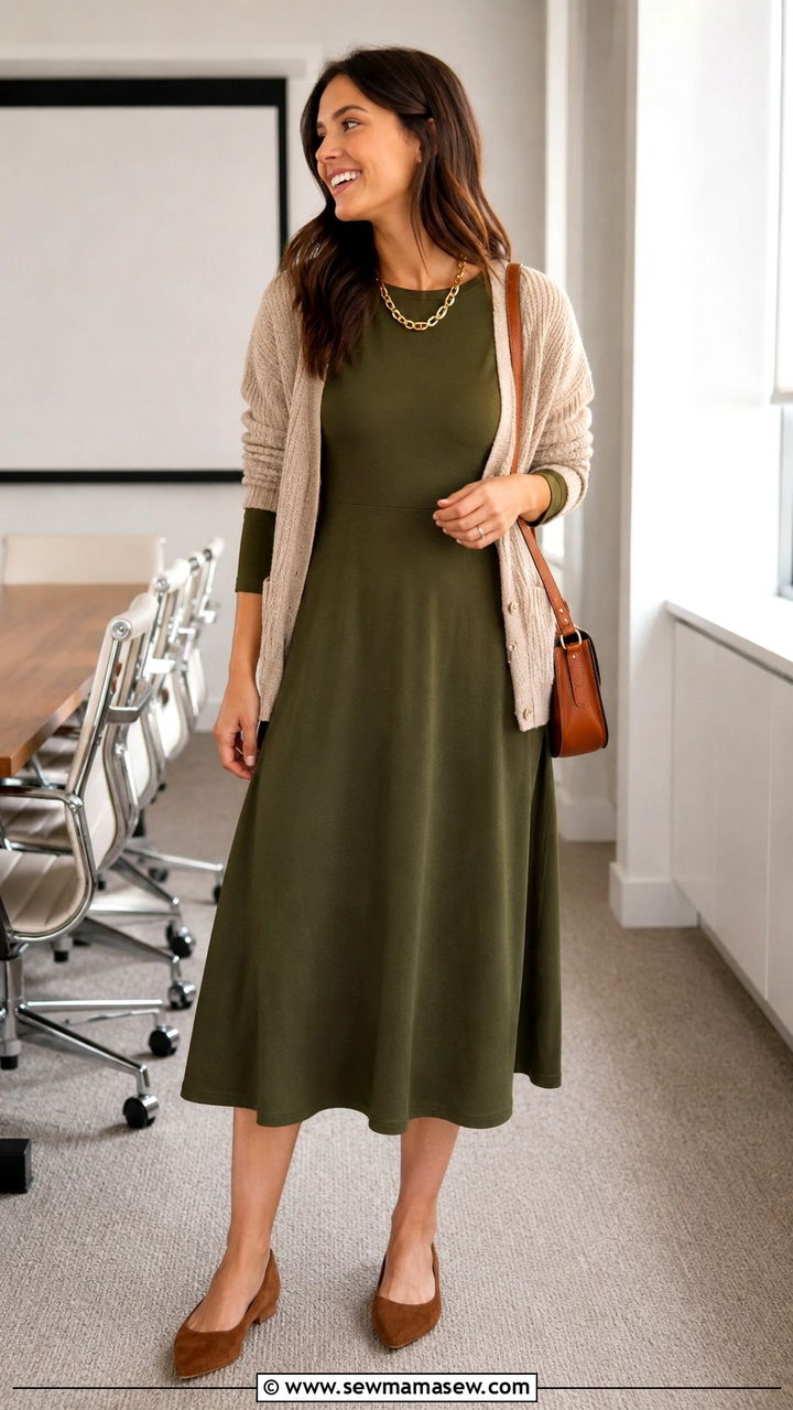Olive Green Midi Dress For Mediation - 30 Mediation outfit ideas