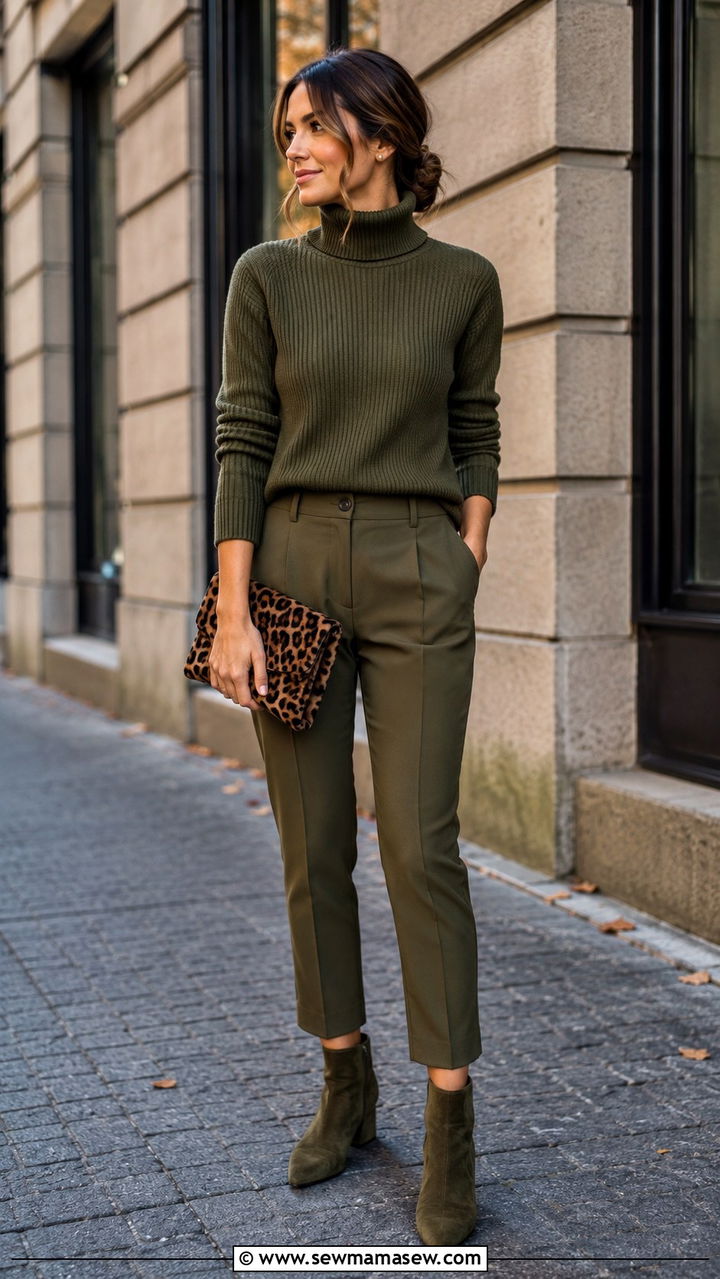 Olive Green Monochrome Outfit With Leopard Bag - 30 Monochromatic green outfits