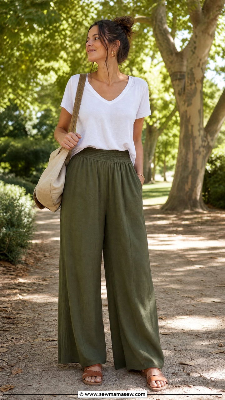 Olive Green Palazzo Pants And White Tee Outfit - 30 summer palazzo pants outfit ideas