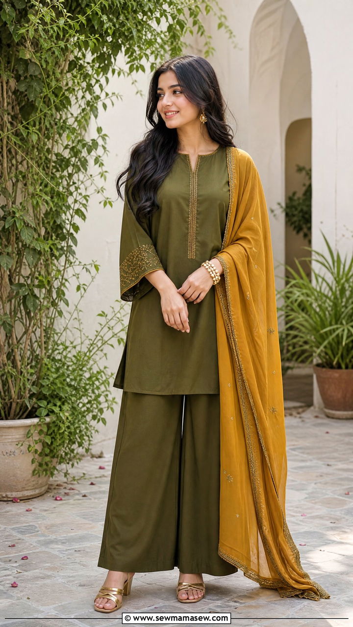Olive Green Palazzo Set with Contrast Dupatta - 30 Eid outfit ideas for teens