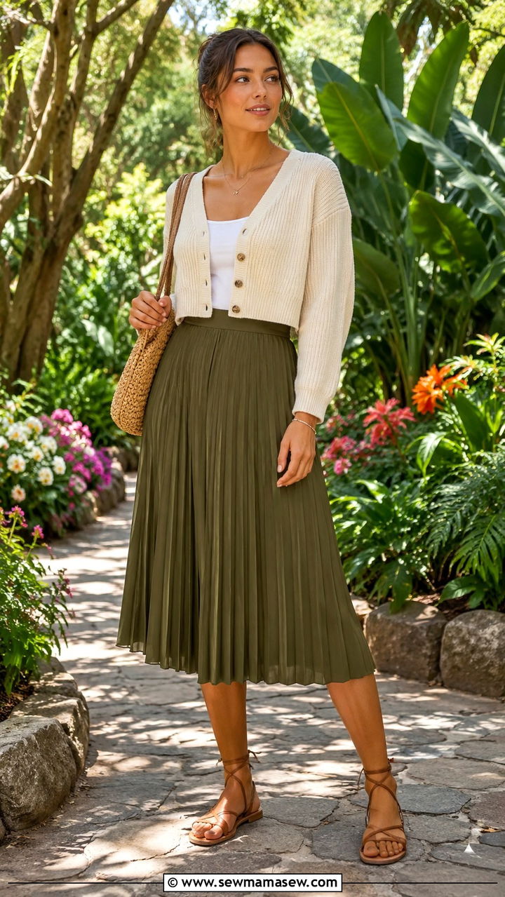 Olive Green Pleated Skirt With Cropped Cardigan Sweater - 30 Pleated skirt outfit ideas with a sweater