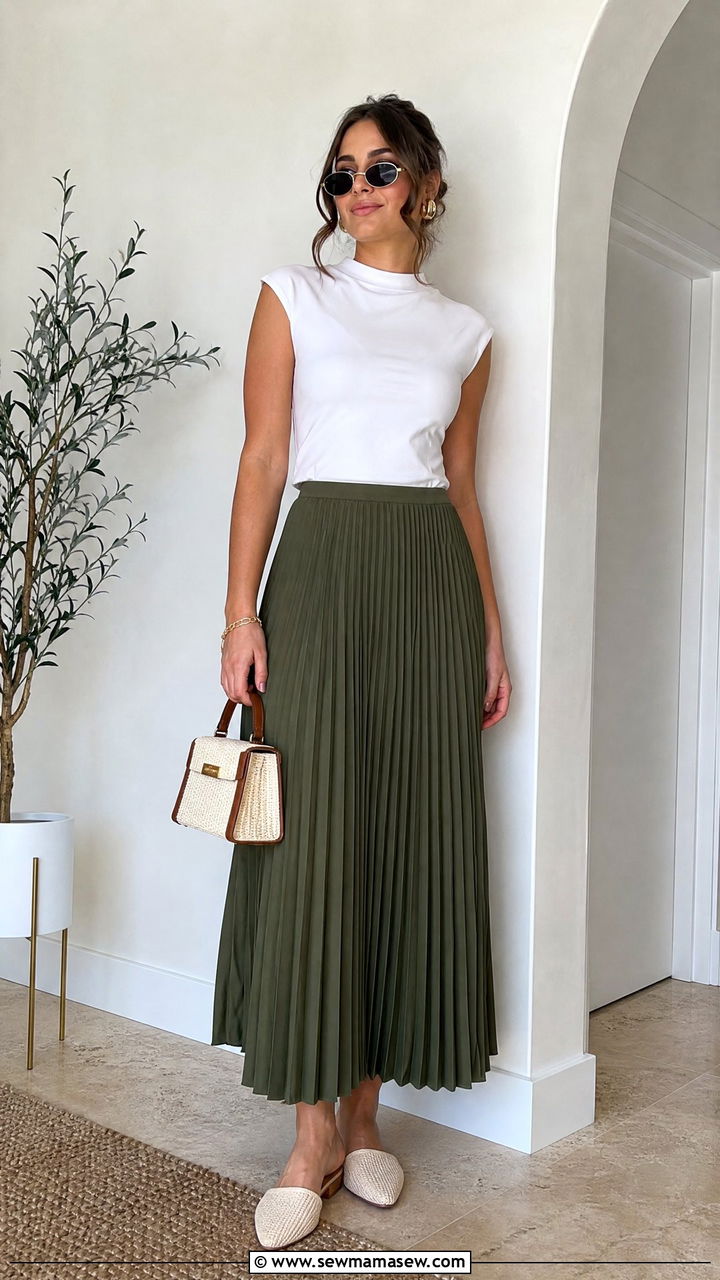 Olive Green Plisket Skirt With Crop Top and Mules - 25 Emma Chamberlain summer outfit ideas