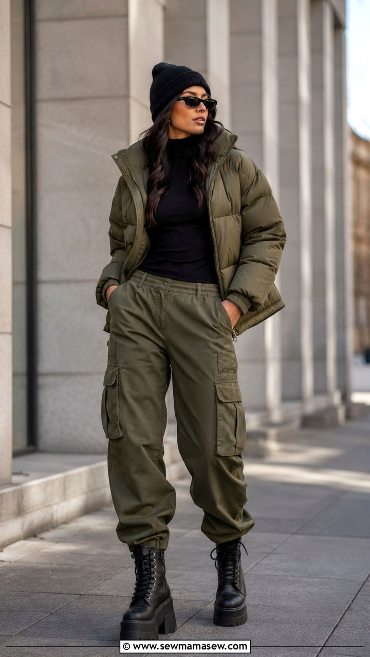 Olive Green Puffer With Cargo Pants And Chunky Boots - 25 Puffer jacket outfit ideas cute