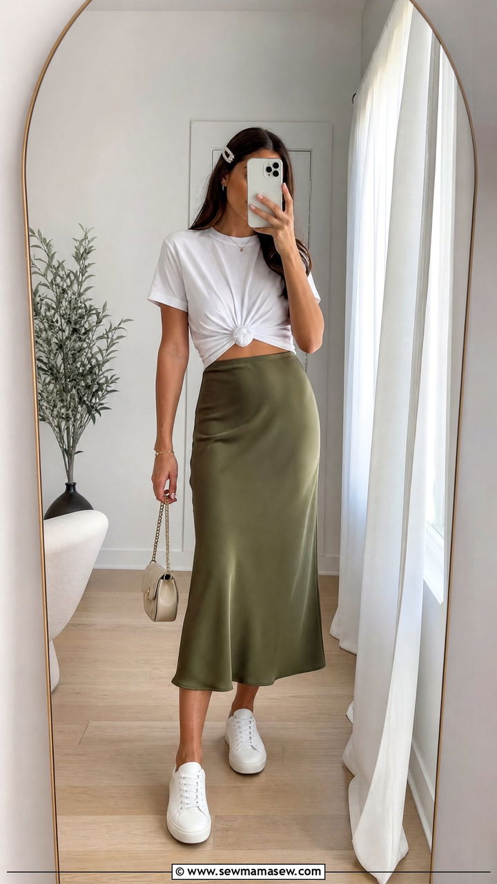 Olive Green Satin Slip Midi Skirt Outfit - 30 Summer outfits in olive green