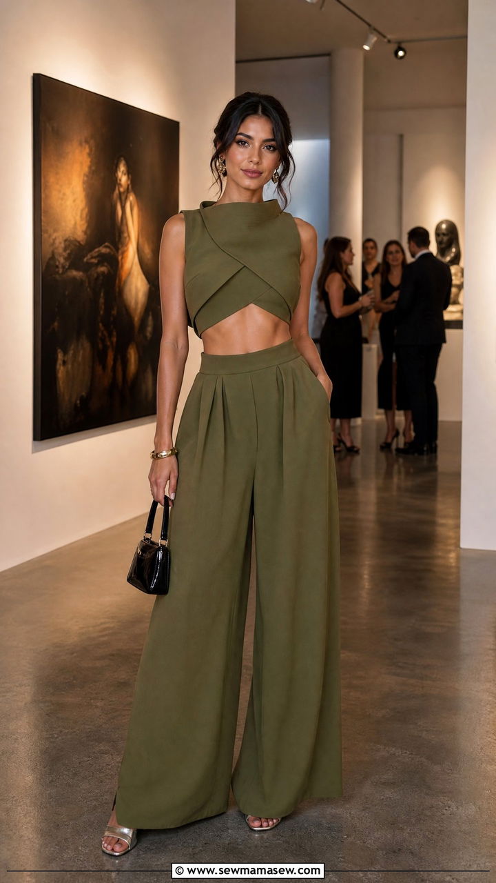 Olive Green Sculpted Crop Top and Palazzo Pants Outfit - 30 Summer outfits in olive green