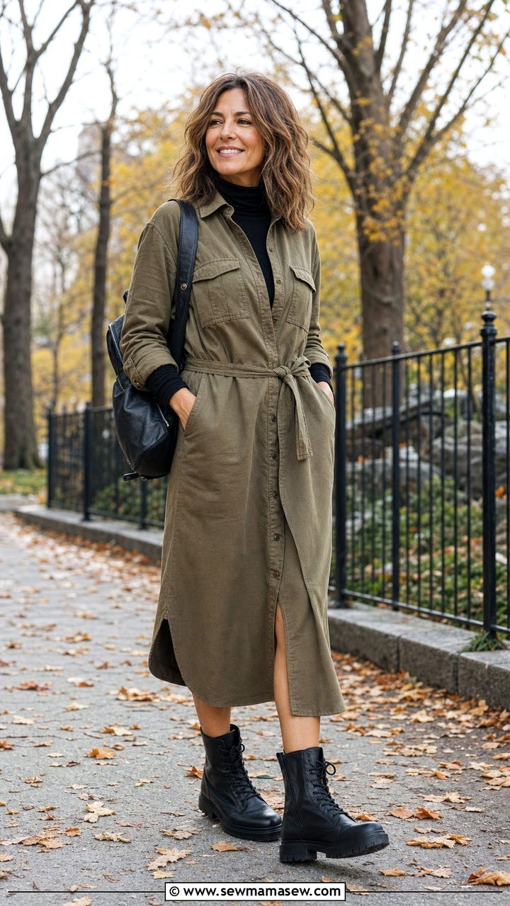 Olive Green Shirt Dress With Combat Boots - 25 shirt dress outfits for women over 40
