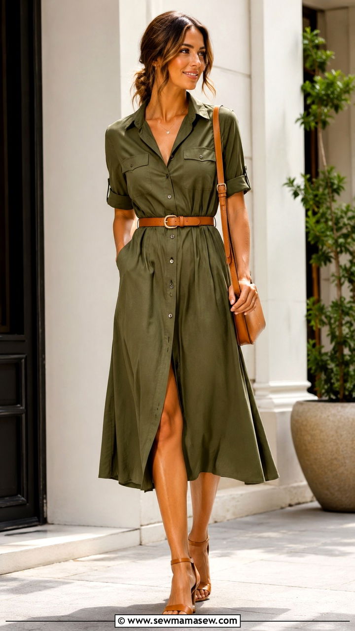 Olive Green Shirt Dress With Tan Leather Accessories - 30 classy outfits aesthetic