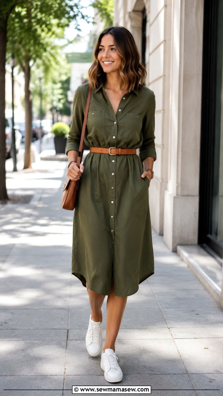 Olive Green Shirt Dress with White Sneakers and a Tan Bag - 30 Green outfit ideas for work