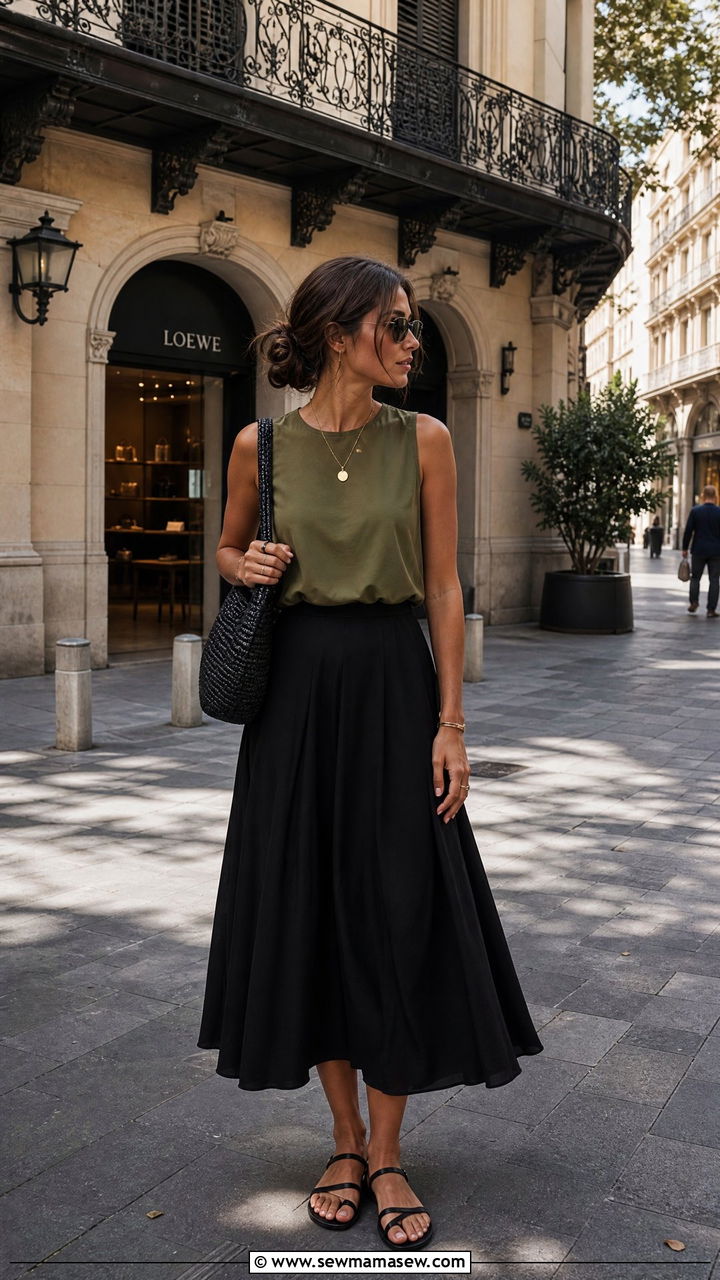 Olive Green Sleeveless Top with Black Midi Skirt - 30 summer europe travel outfit ideas