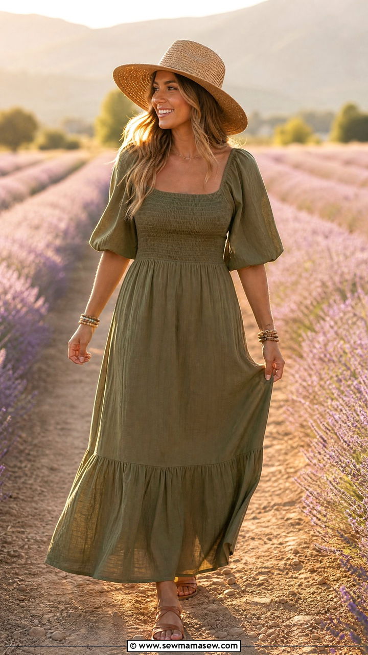 Olive Green Smocked Maxi Dress Outfit - 30 Summer outfits in olive green